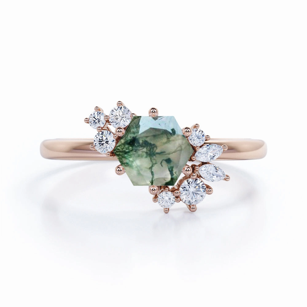 Clustered 0.6 Carat Hexagon Moss Agate Engagement Ring Memorial Gift