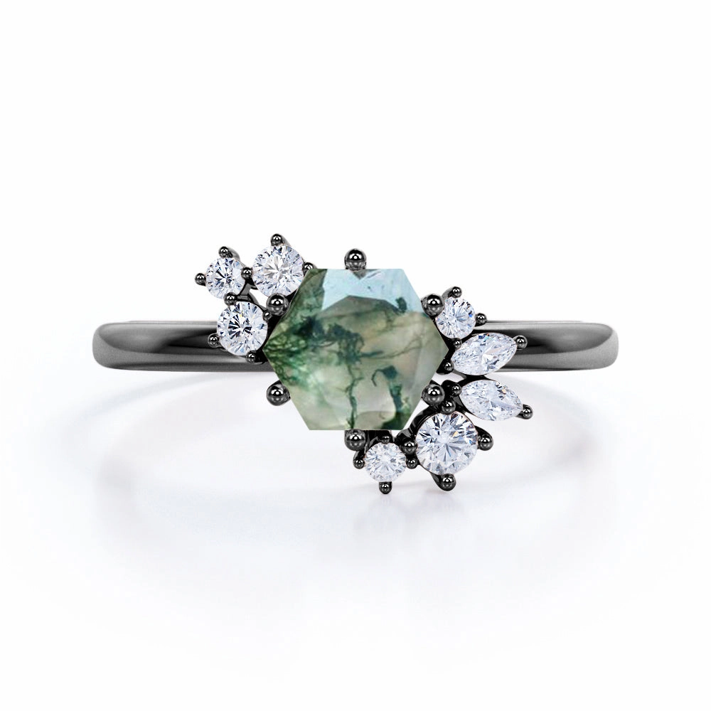 Clustered 0.6 Carat Hexagon Moss Agate Engagement Ring Shimmer Touch Local Craft