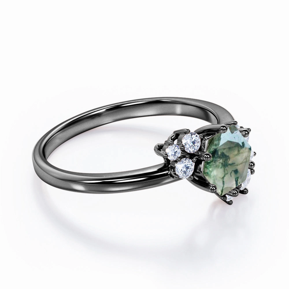 Sturdy Object Premium Set Clustered 0.6 Carat Hexagon Moss Agate Engagement Ring