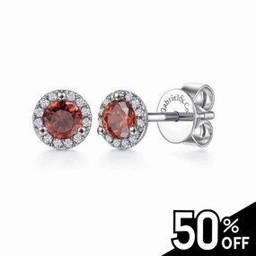 14K White Gold Halo Garnet and Diamond Stud Earrings Delicate Vibe Modern Aesthetic