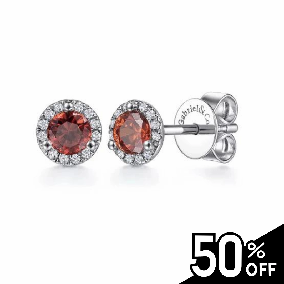 14K White Gold Halo Garnet and Diamond Stud Earrings Delicate Vibe Modern Aesthetic
