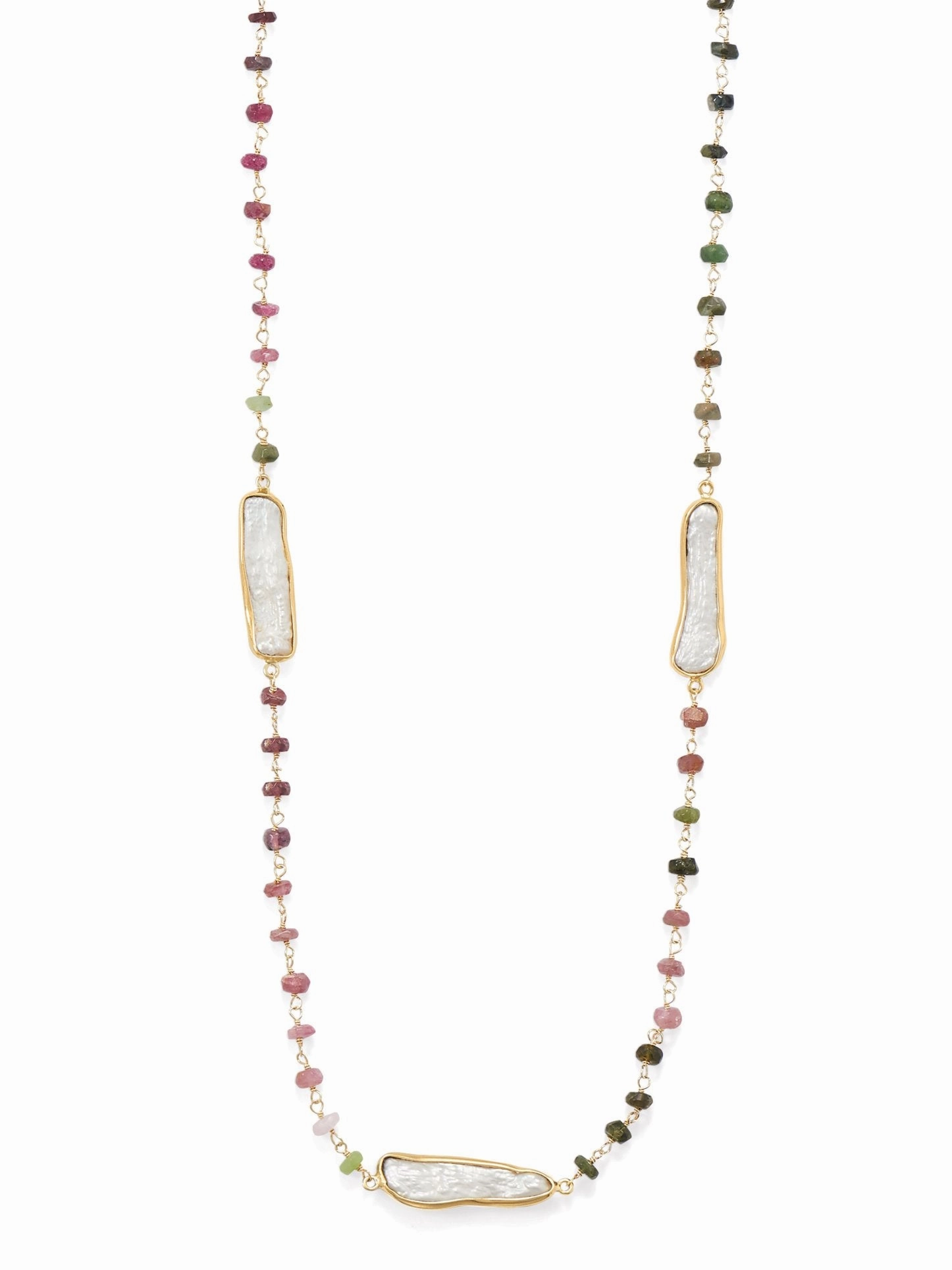 Tourmaline Bead and Cultured Freshwater Stick Pearl Necklace 24-inch Length Modern Scene Mother Accent