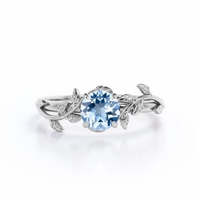 Flower 1 ct Round Aquamarine Engagement Ring Father??s Day