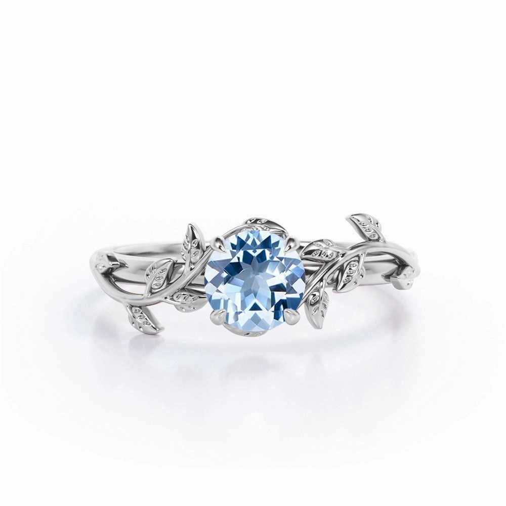 Flower 1 ct Round Aquamarine Engagement Ring Sophisticated Style