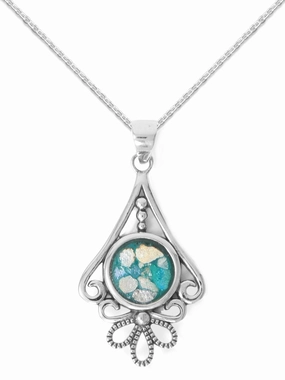 Ancient Roman Glass Necklace with Flower Design Sterling Silver Joyful Style