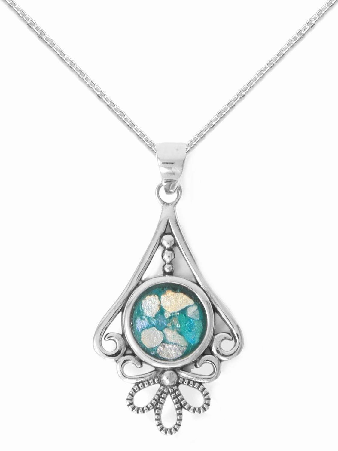 Ancient Roman Glass Necklace with Flower Design Sterling Silver Joyful Style
