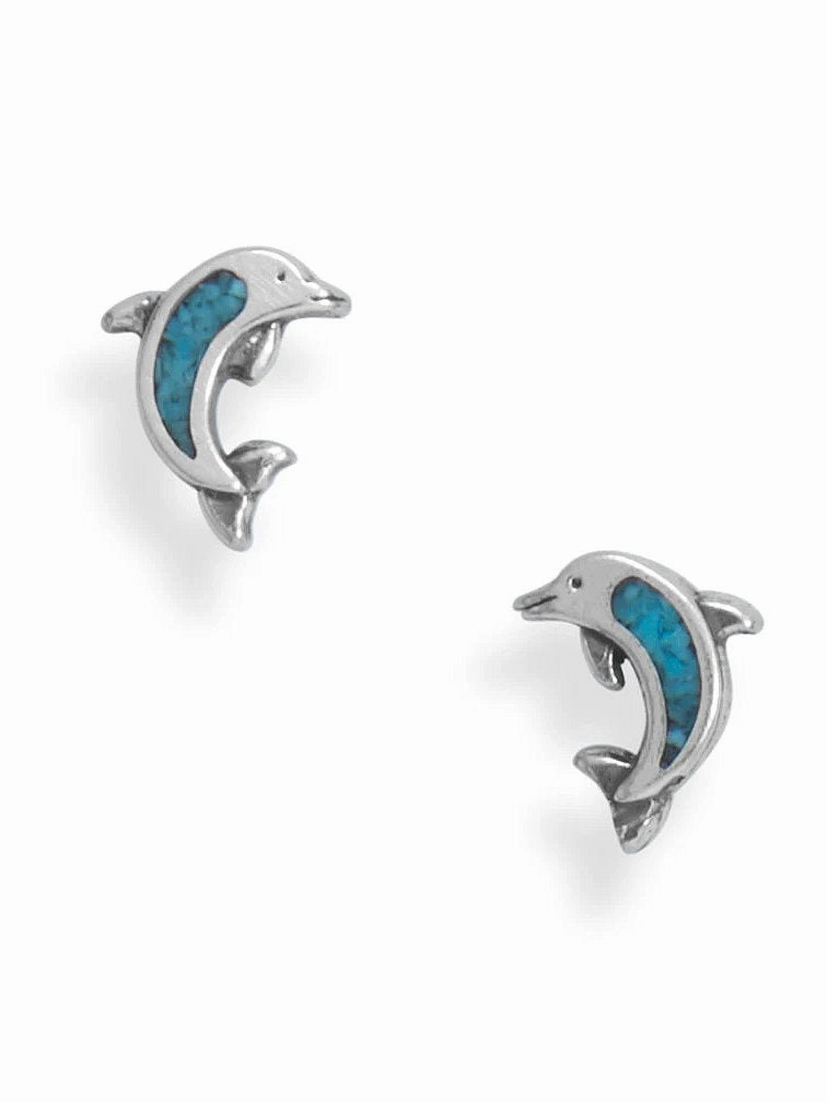 Dolphin Stud Earrings with Turquoise Chips Sterling Silver Bohemian Adornment