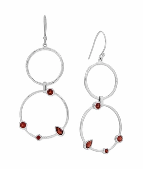 Modern Choice Double Circle Garnet Dangle Earrings Rhodium on Sterling Silver