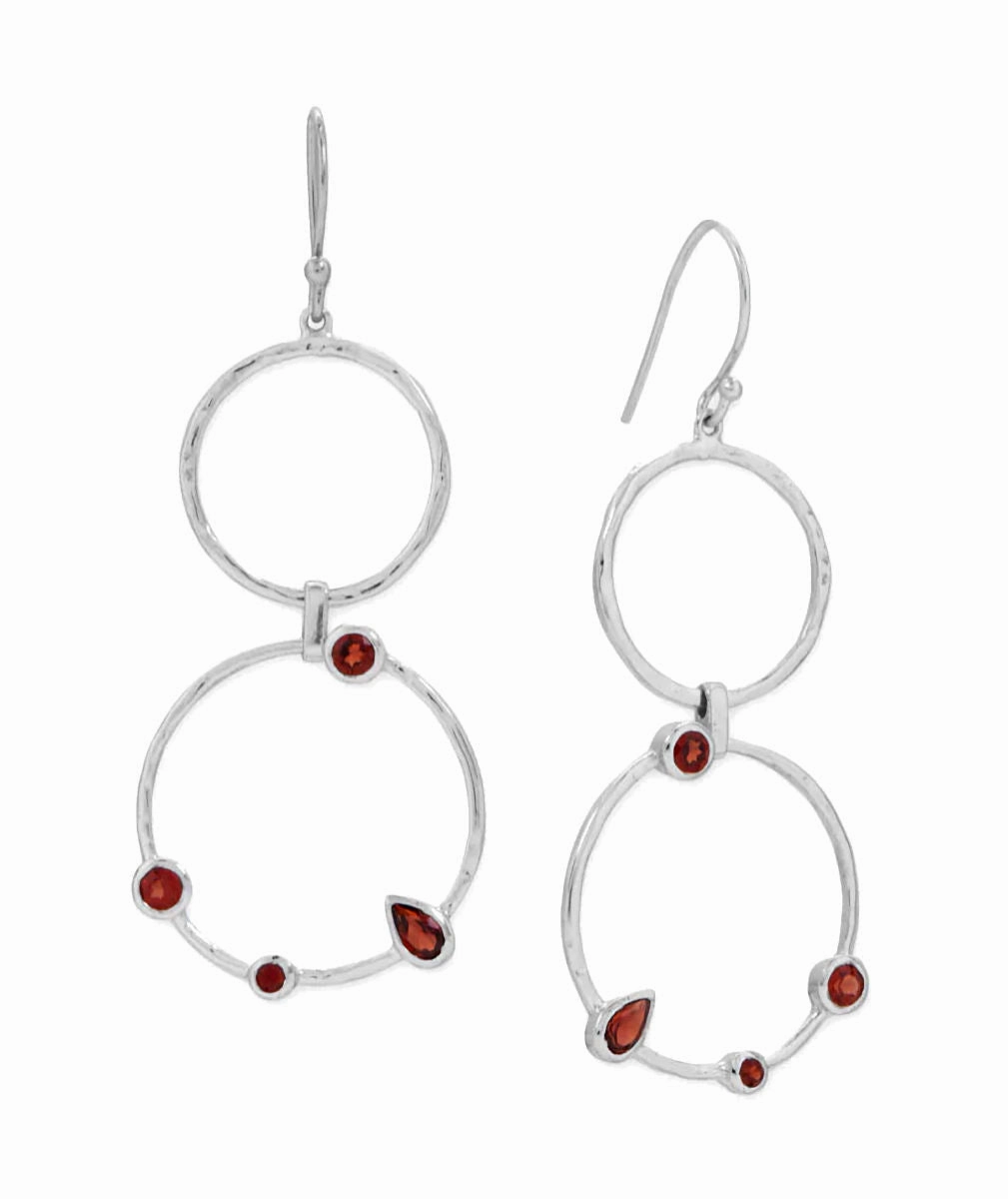 Modern Choice Double Circle Garnet Dangle Earrings Rhodium on Sterling Silver