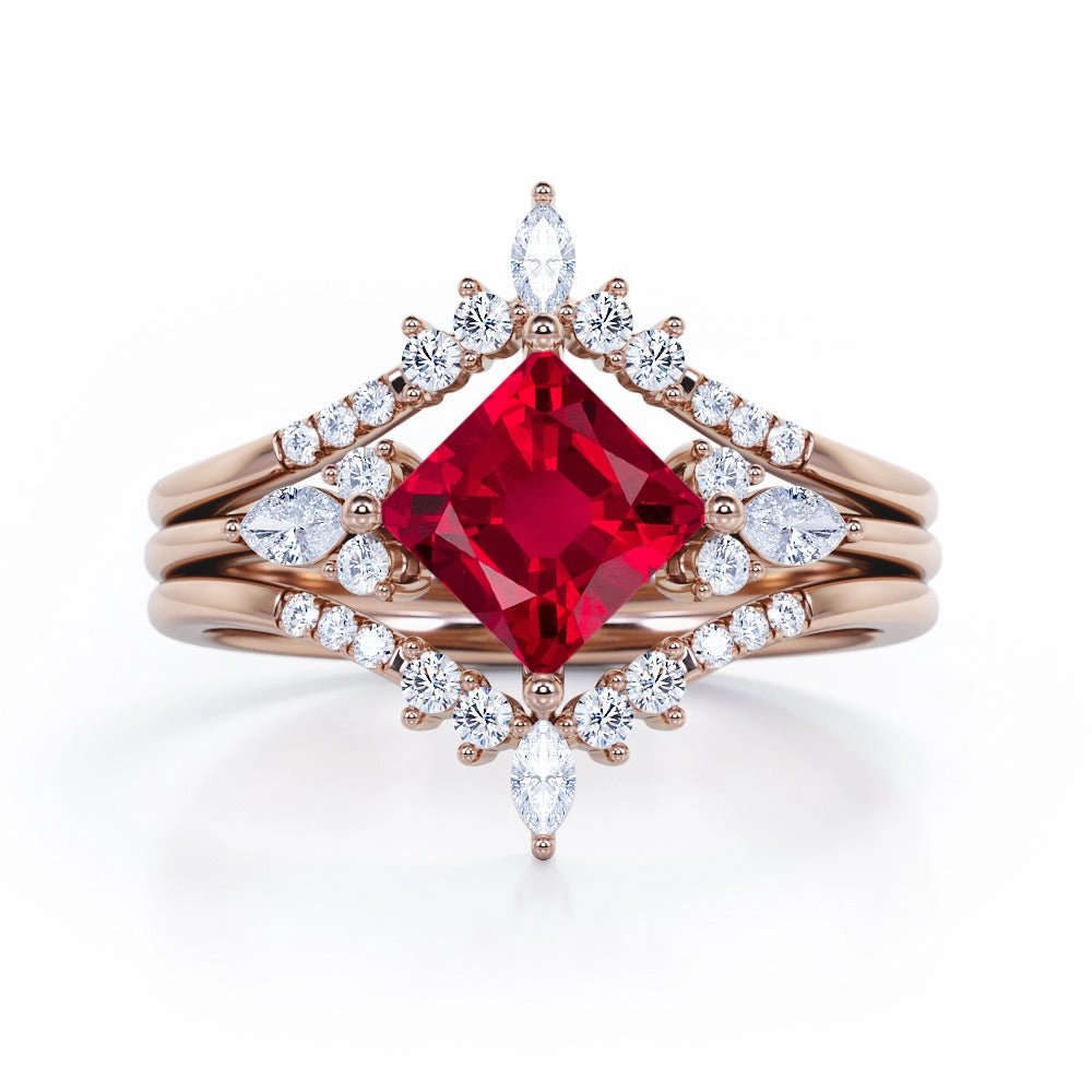 Creative Trinket Double Crown 1.25 ct Princess Lab-Created Ruby Trio Bridal Set