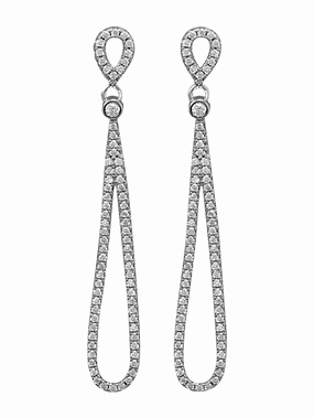 Double Cubic Zirconia Pear Dangle Drop Earrings Rhodium on Sterling Silver Modernist Adornment