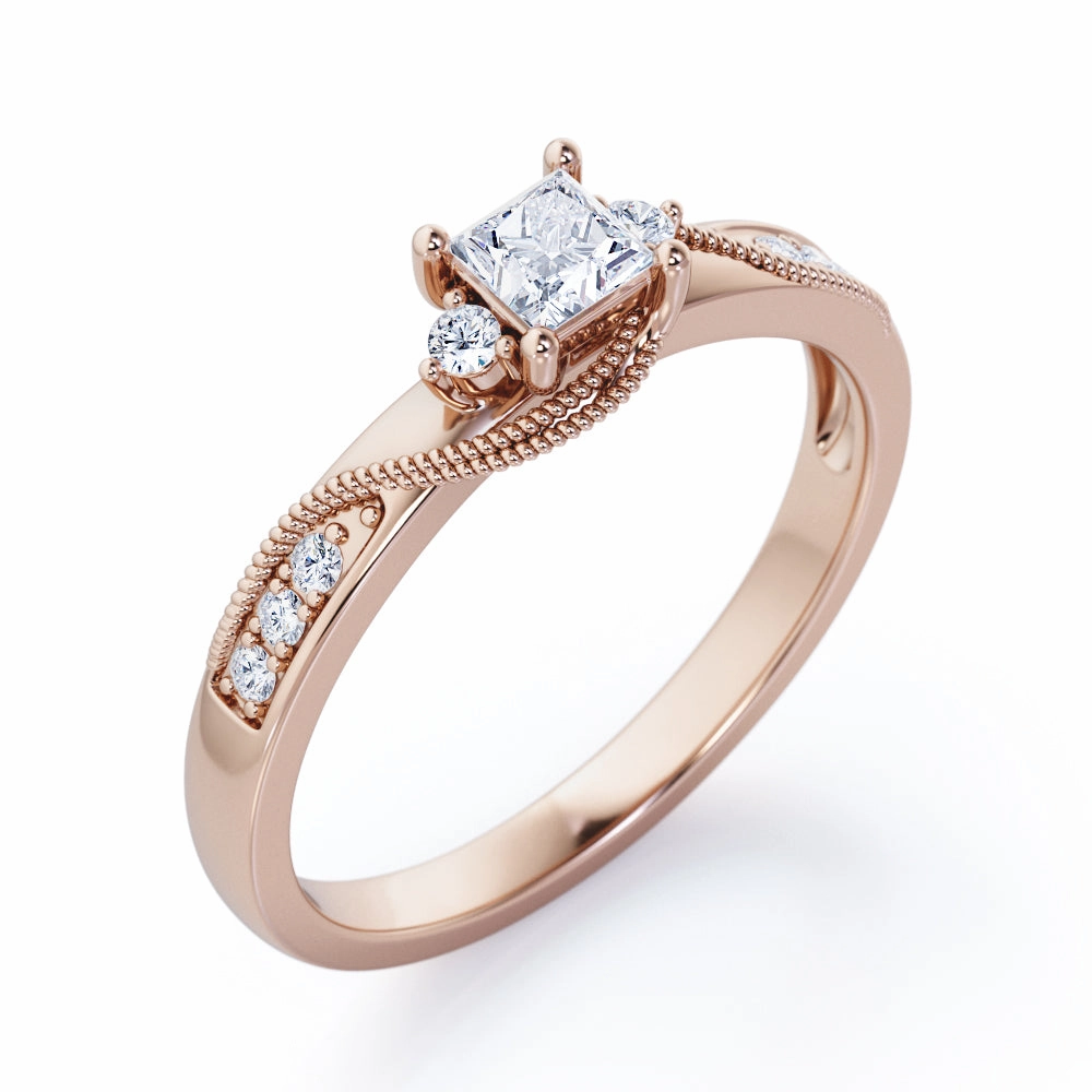 Double Curved Line Milgrain 0.55 carat Princess Diamond and Diamond Dainty Engagement Ring in Black  Gold Personal Look