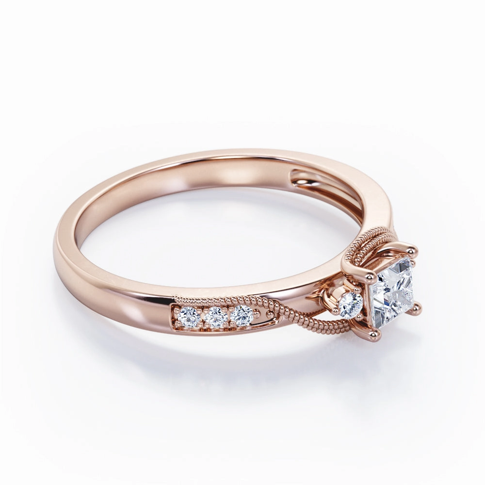 Wonderful Ornament Timeless Item Double Curved Line Milgrain 0.55 carat Princess Diamond and Diamond Dainty Engagement Ring in Black  Gold