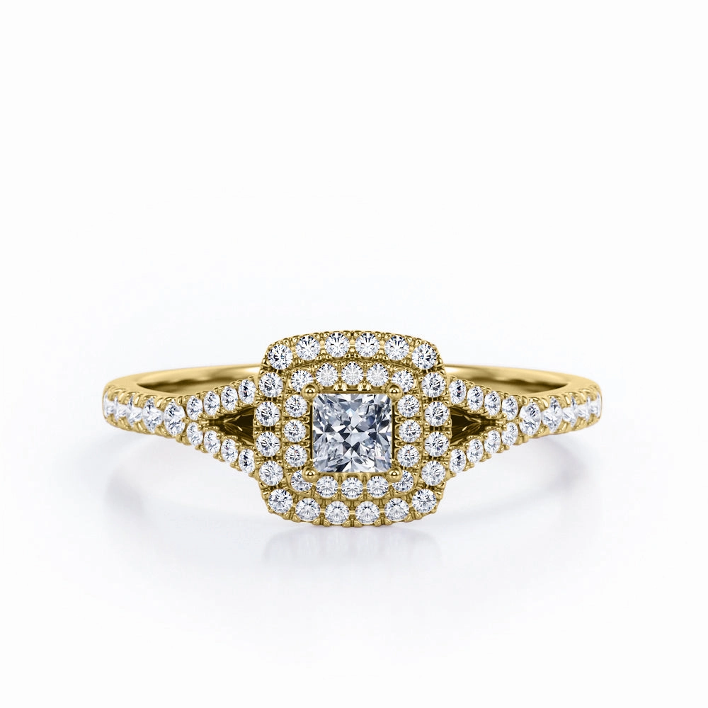 Double Cushion Halo - 0.65 TCW Princess Cut Diamond - Split Shank Scalloped Pave Engagement Ring - 10K White Gold Resilient Build