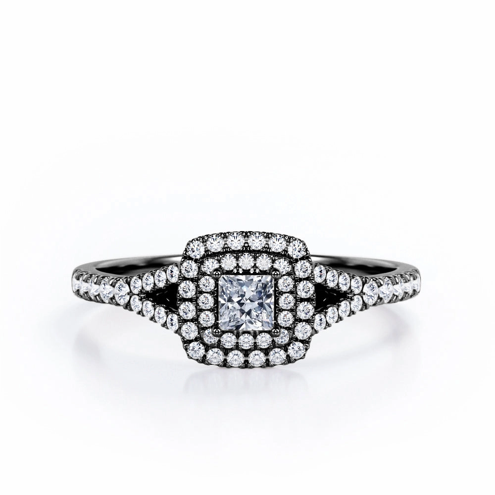 Double Cushion Halo - 0.65 TCW Princess Cut Diamond - Split Shank Scalloped Pave Engagement Ring - 10K White Gold Luxury Embellishment