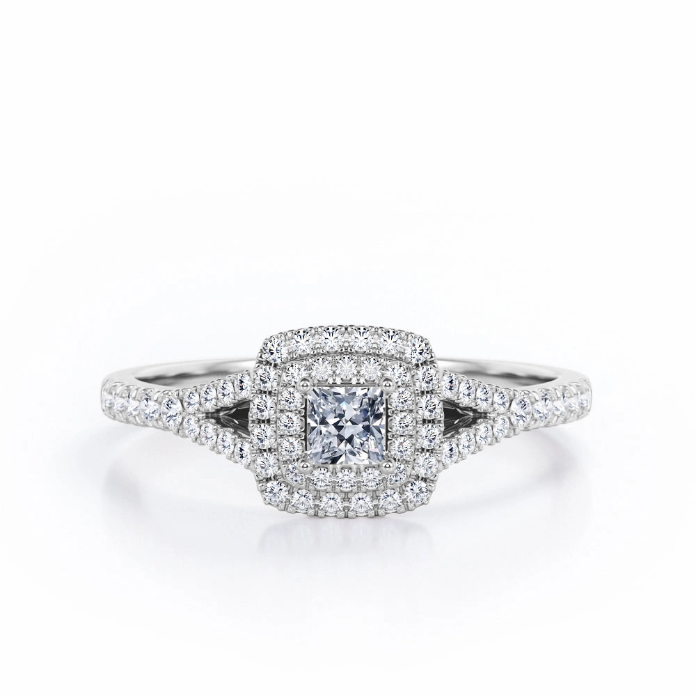 Double Cushion Halo - 0.65 TCW Princess Cut Diamond - Split Shank Scalloped Pave Engagement Ring - 10K White Gold Amazing Gift Stylish Art