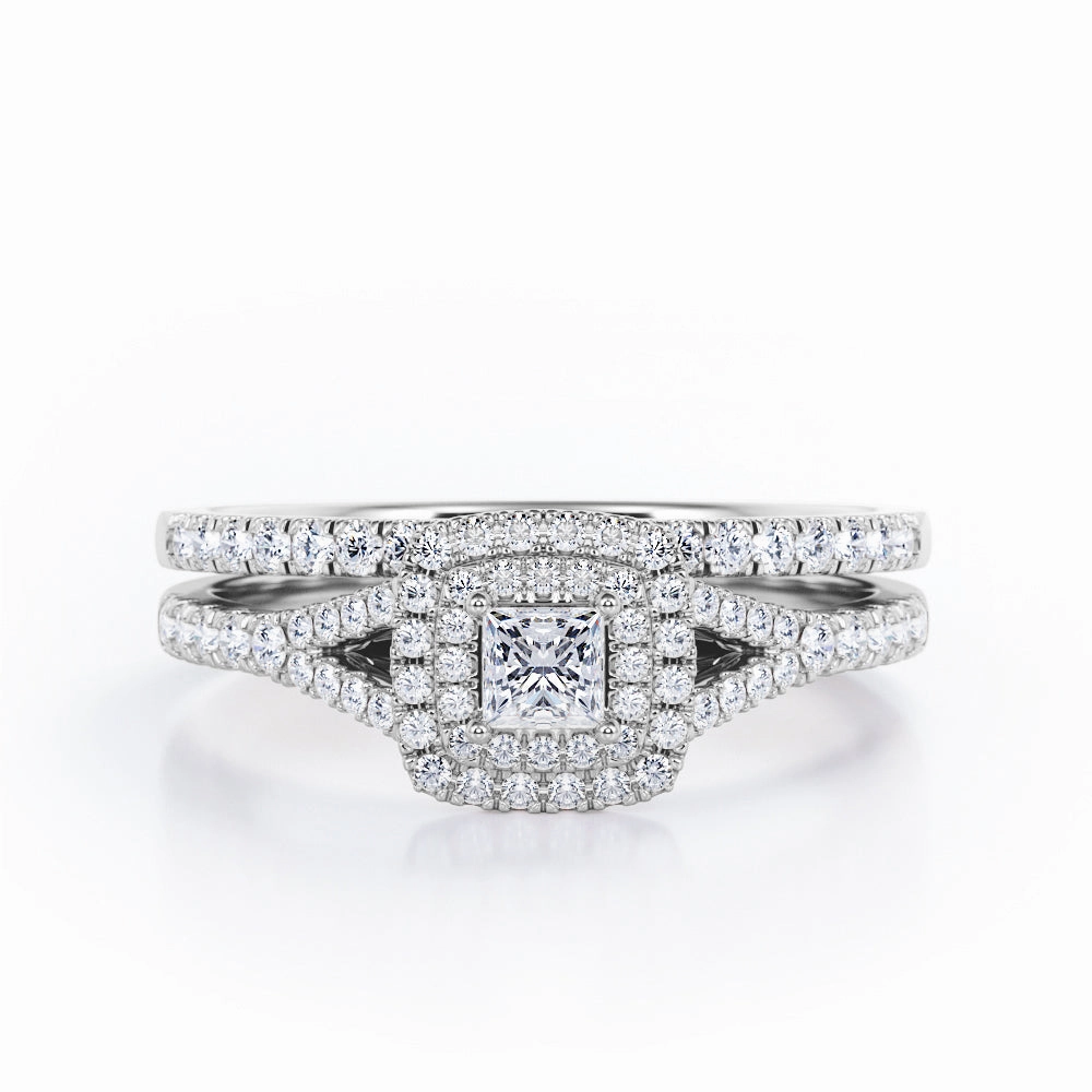 Double Cushion Halo - 0.8 TCW Princess Cut Diamond - Split Shank Scalloped Pave Wedding Ring Set - 10K White Gold Iconic Touch