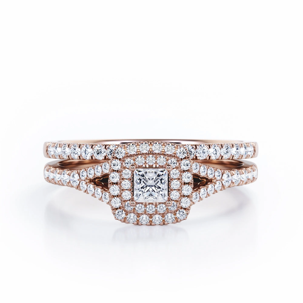 Double Cushion Halo - 0.8 TCW Princess Cut Diamond - Split Shank Scalloped Pave Wedding Ring Set - 10K White Gold Creative Piece Refined Vibe