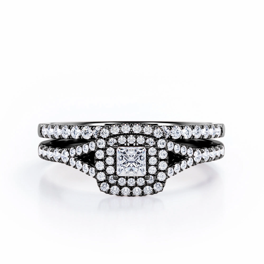 Double Cushion Halo - 0.8 TCW Princess Cut Diamond - Split Shank Scalloped Pave Wedding Ring Set - 10K White Gold Accessory Product