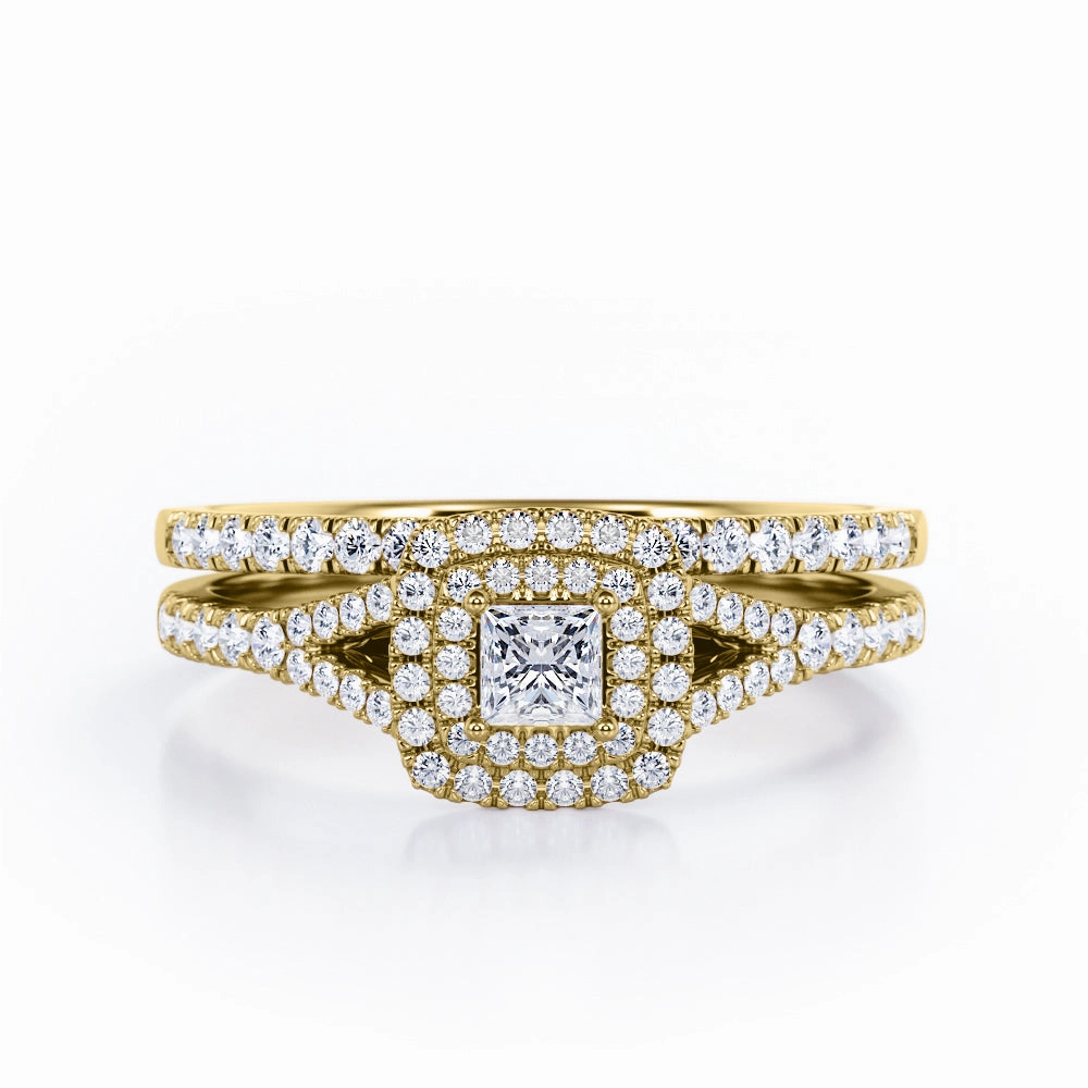 Sisterhood Gift Victorian Era Double Cushion Halo - 0.8 TCW Princess Cut Diamond - Split Shank Scalloped Pave Wedding Ring Set - 10K White Gold