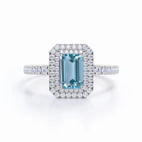 Rigid Structure Double Halo 1.75 ct Emerald Aquamarine Engagement Ring