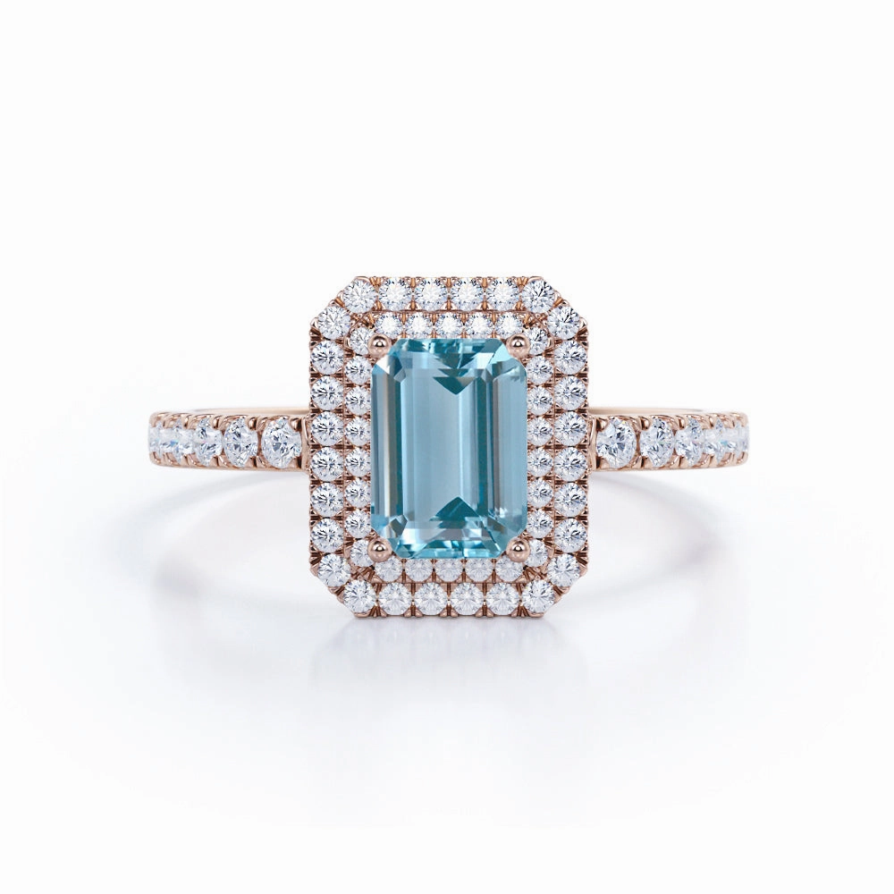Handcrafted Symbol Romantic Style Double Halo 1.75 ct Emerald Aquamarine Engagement Ring