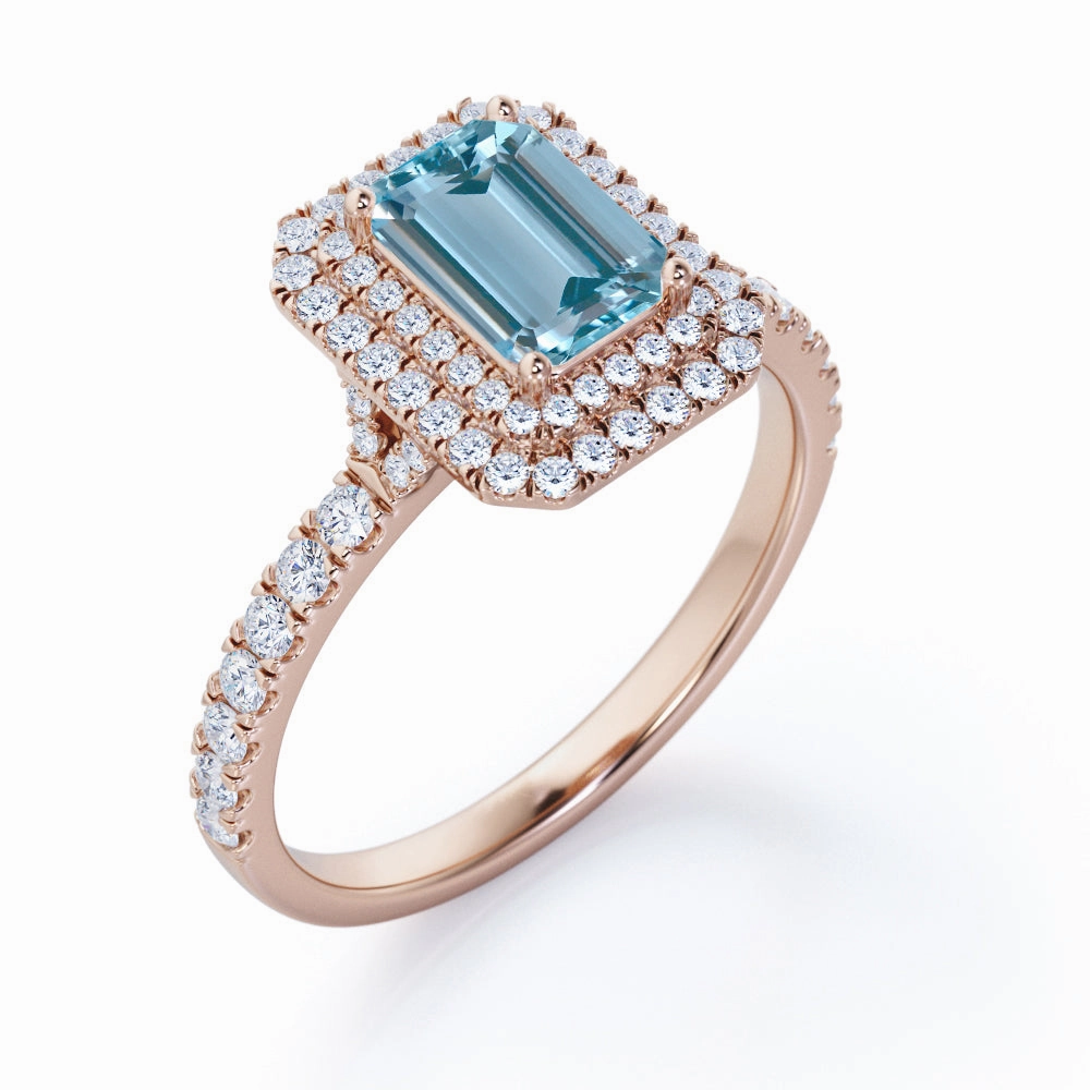 Double Halo 1.75 ct Emerald Aquamarine Engagement Ring Low-Cost Craft Carbon Neutral