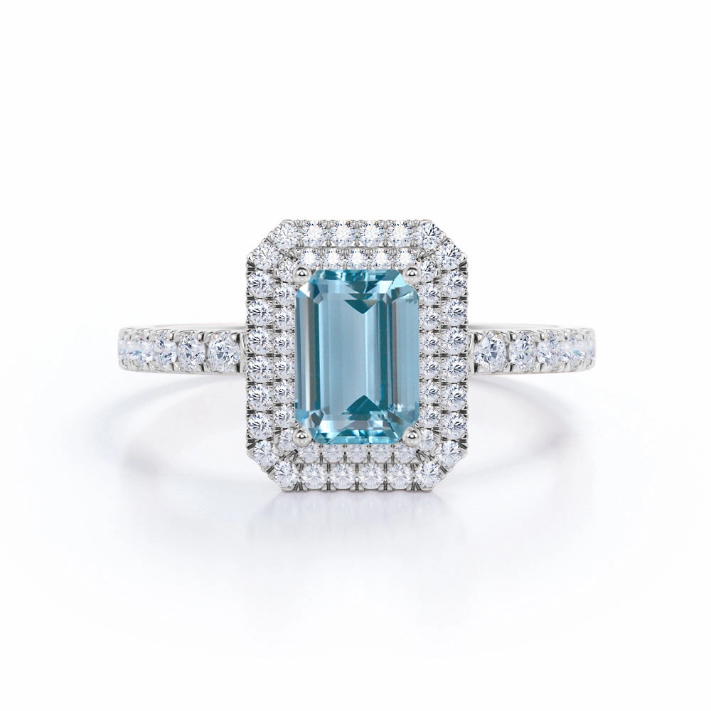 Double Halo 1.75 ct Emerald Aquamarine Engagement Ring Minimalist Trinket