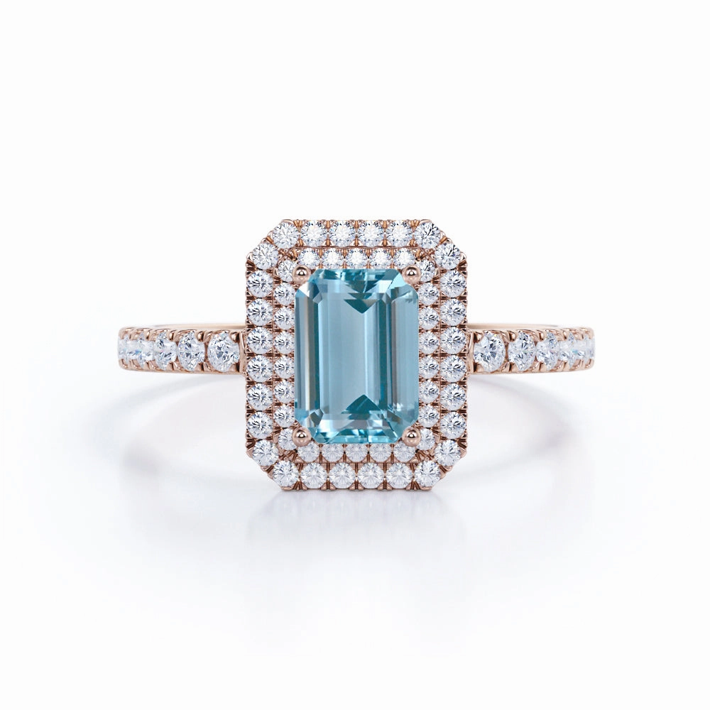 Body Adornment Double Halo 1.75 ct Emerald Aquamarine Engagement Ring