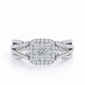 Double Infinity Split Shank - 0.5 TCW Round Shaped Diamond - Flush Cluster Halo Engagement Ring - 10K White Gold Smooth Touch Colorful Accent