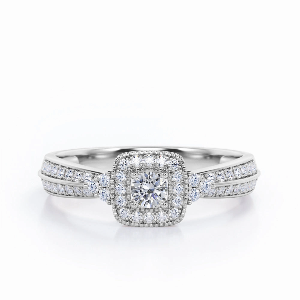 Double Pave Channel 0.5 TCW Round-Shaped Diamond Halo Cluster Engagement Ring in 10K White Gold Trendy Edge