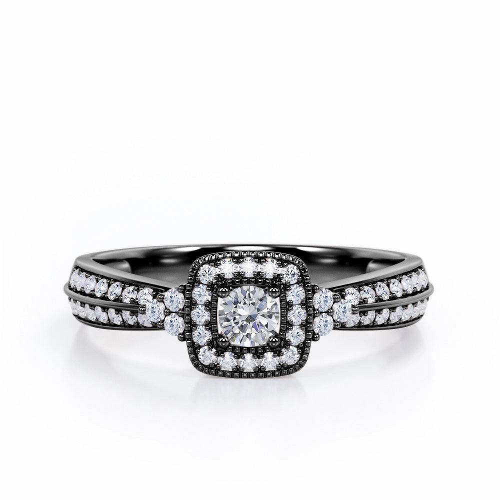 Double Pave Channel 0.5 TCW Round-Shaped Diamond Halo Cluster Engagement Ring in 10K White Gold Return policy