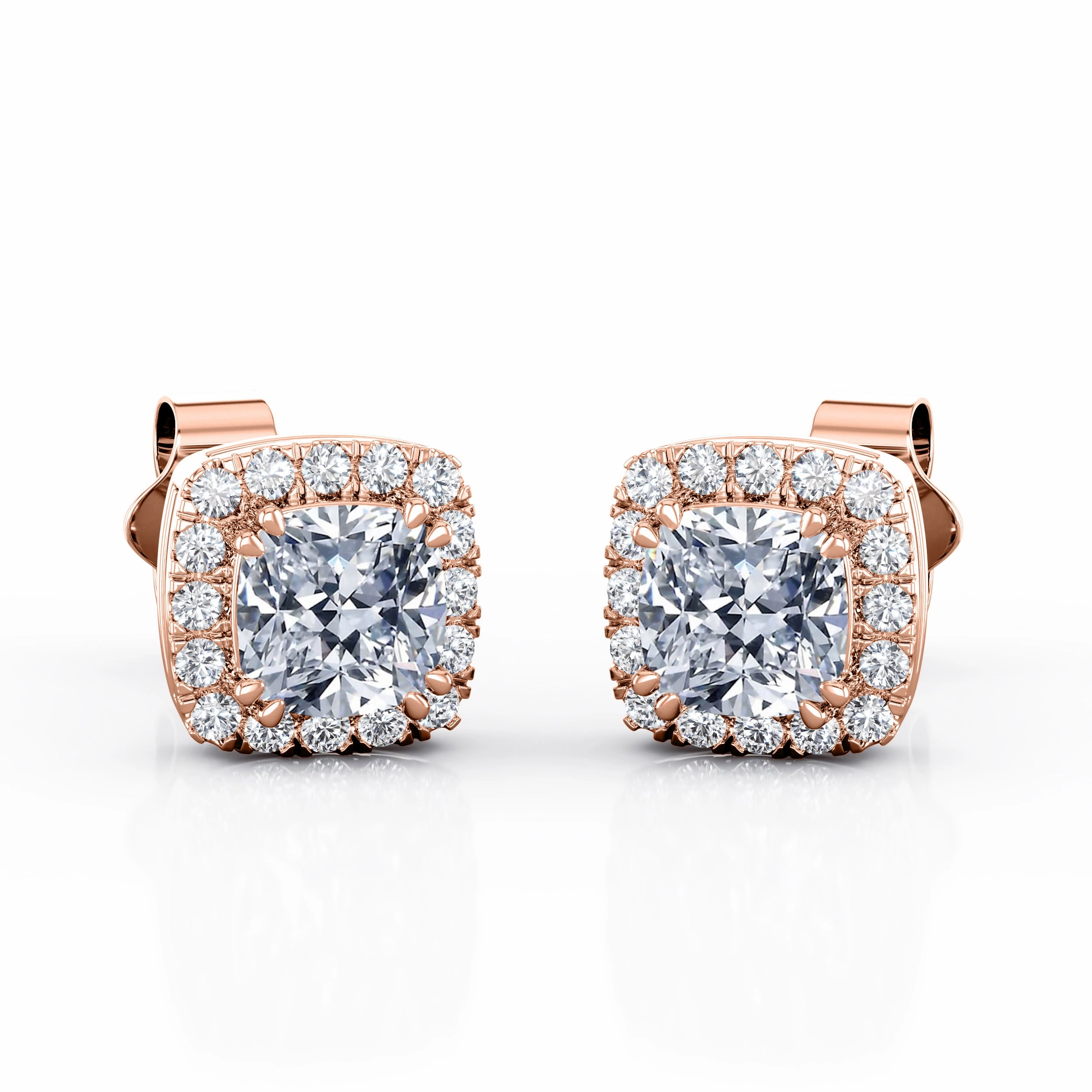 Decorative Finish Straight Trinket Double Prong 1.10 Carat Cushion Cut Certified Moissanite and Diamond Halo Pave Stud Earrings in Yellow Gold