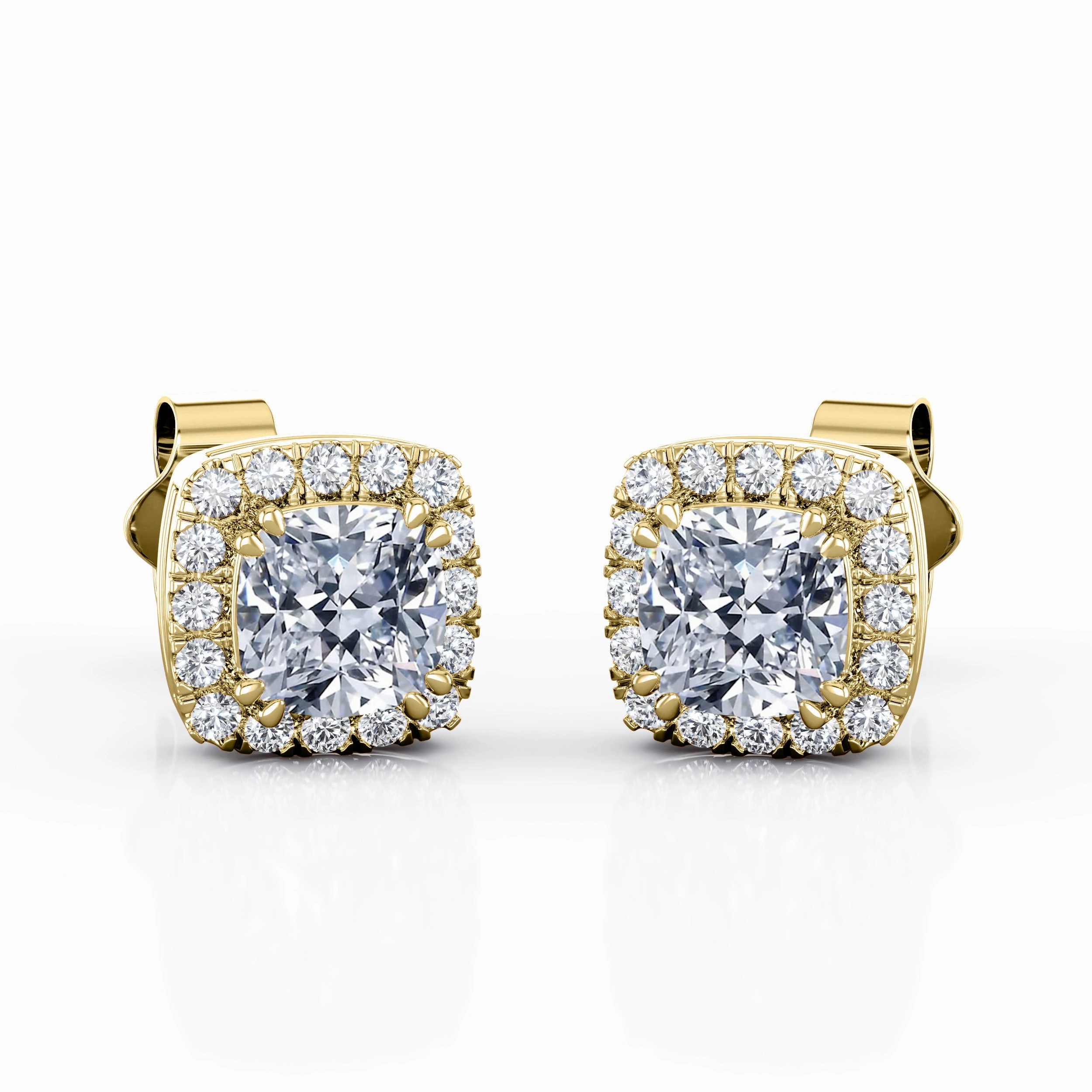 Double Prong 1.10 Carat Cushion Cut Certified Moissanite and Diamond Halo Pave Stud Earrings in Yellow Gold Festive Accessory