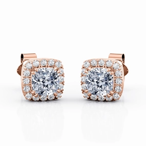 Stylish Aesthetic Rectangular Accessory Double Prong 1.10 Carat Cushion Cut Certified Moissanite and Diamond Halo Pave Stud Earrings in Yellow Gold