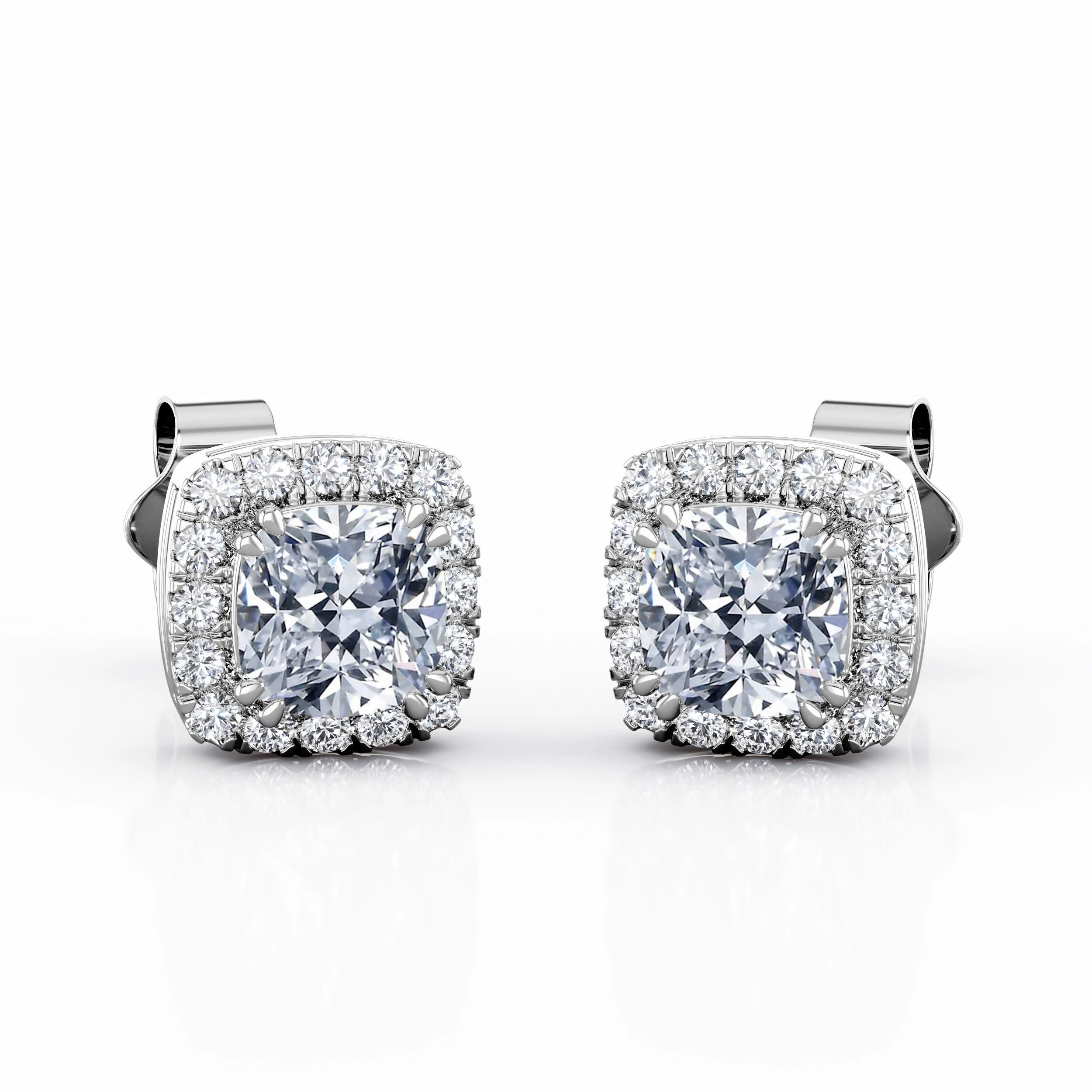 Double Prong 1.10 Carat Cushion Cut Certified Moissanite and Diamond Halo Pave Stud Earrings in Yellow Gold Large Adornment