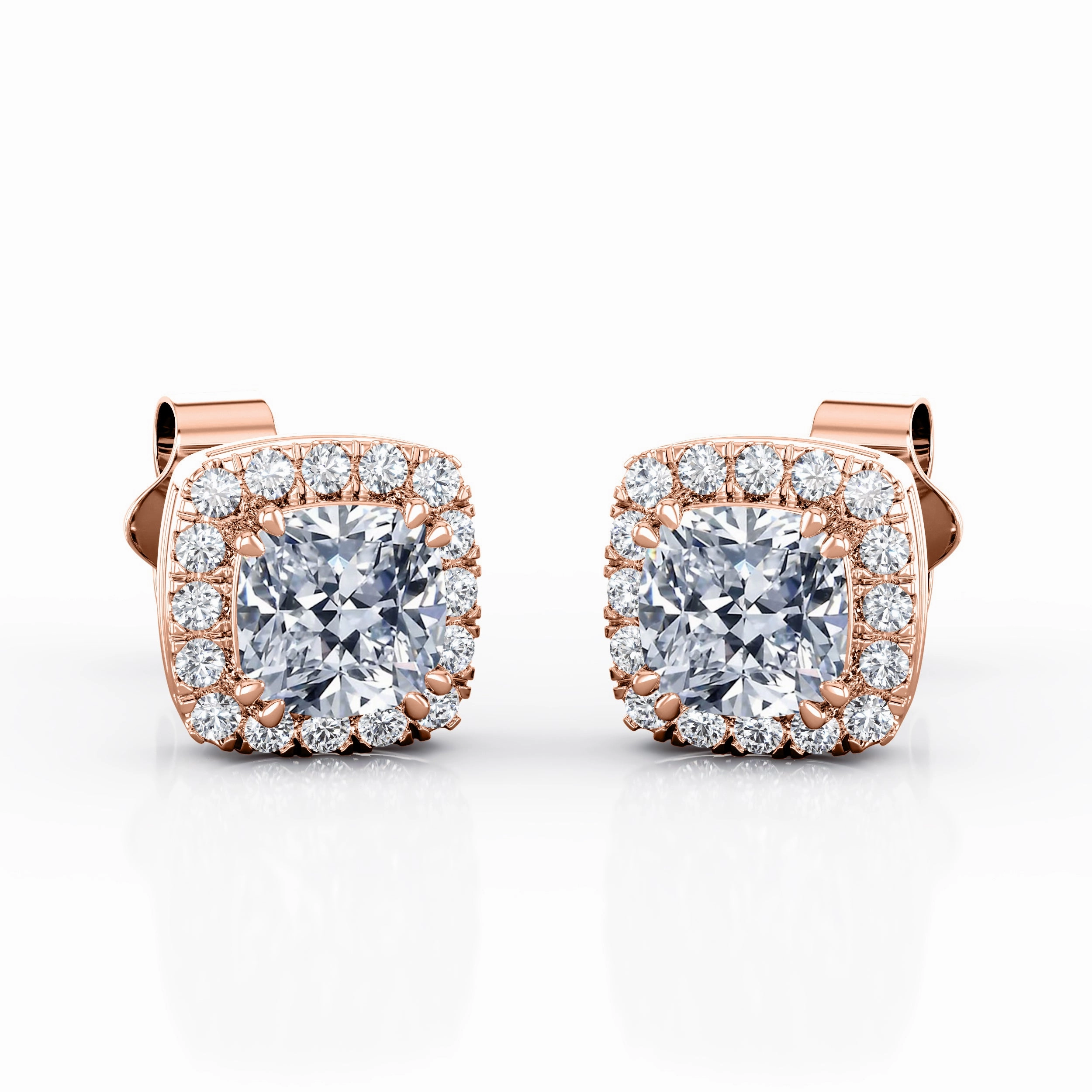 Stylish Aesthetic Rectangular Accessory Double Prong 1.10 Carat Cushion Cut Certified Moissanite and Diamond Halo Pave Stud Earrings in Yellow Gold