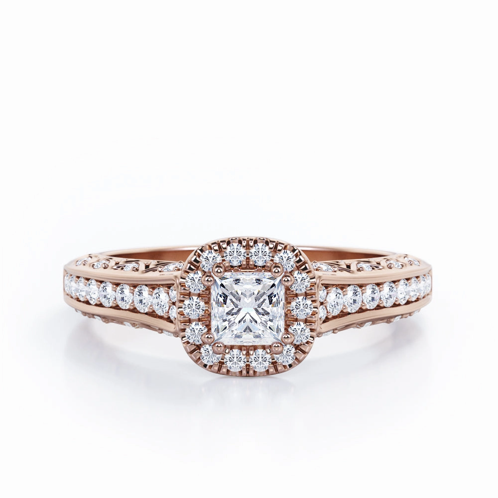 Double Prong Halo - 0.55 TCW Princess Cut Diamond - Filigree Pave-Channel Engagement Ring - 10K White Gold Bold Statement