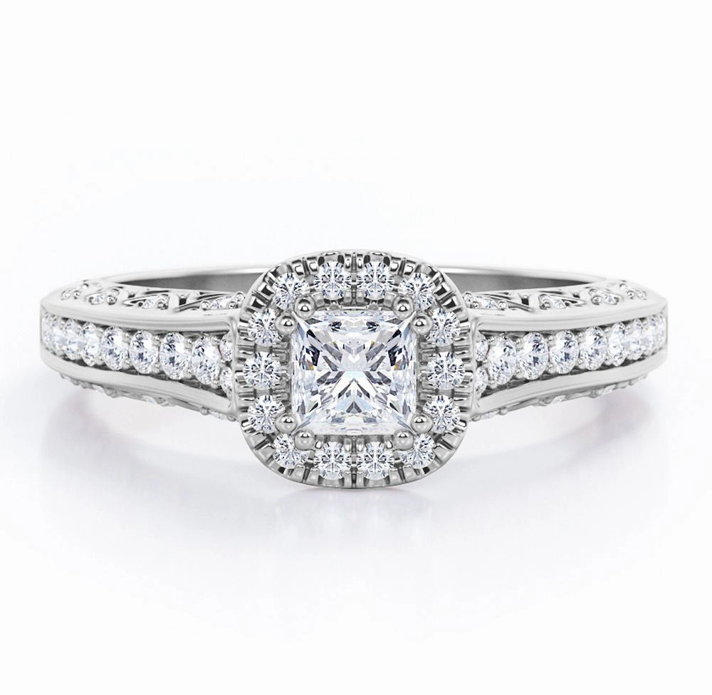 Classic Bauble Double Prong Halo - 0.55 TCW Princess Cut Diamond - Filigree Pave-Channel Engagement Ring - 10K White Gold