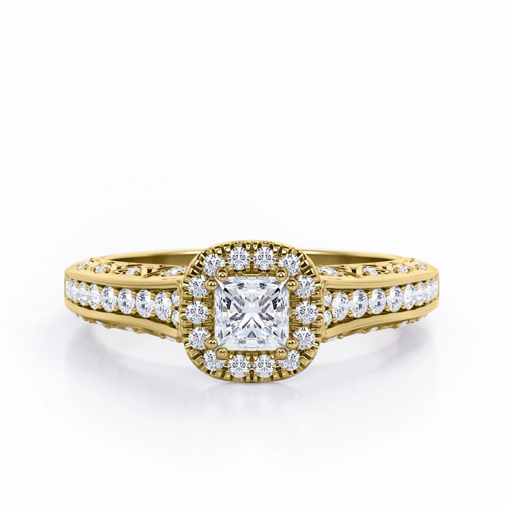 Double Prong Halo - 0.55 TCW Princess Cut Diamond - Filigree Pave-Channel Engagement Ring - 10K White Gold Romantic Piece