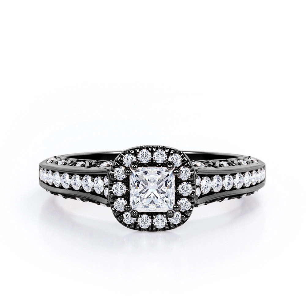 Engraved Surface Luxury Touch Double Prong Halo - 0.55 TCW Princess Cut Diamond - Filigree Pave-Channel Engagement Ring - 10K White Gold