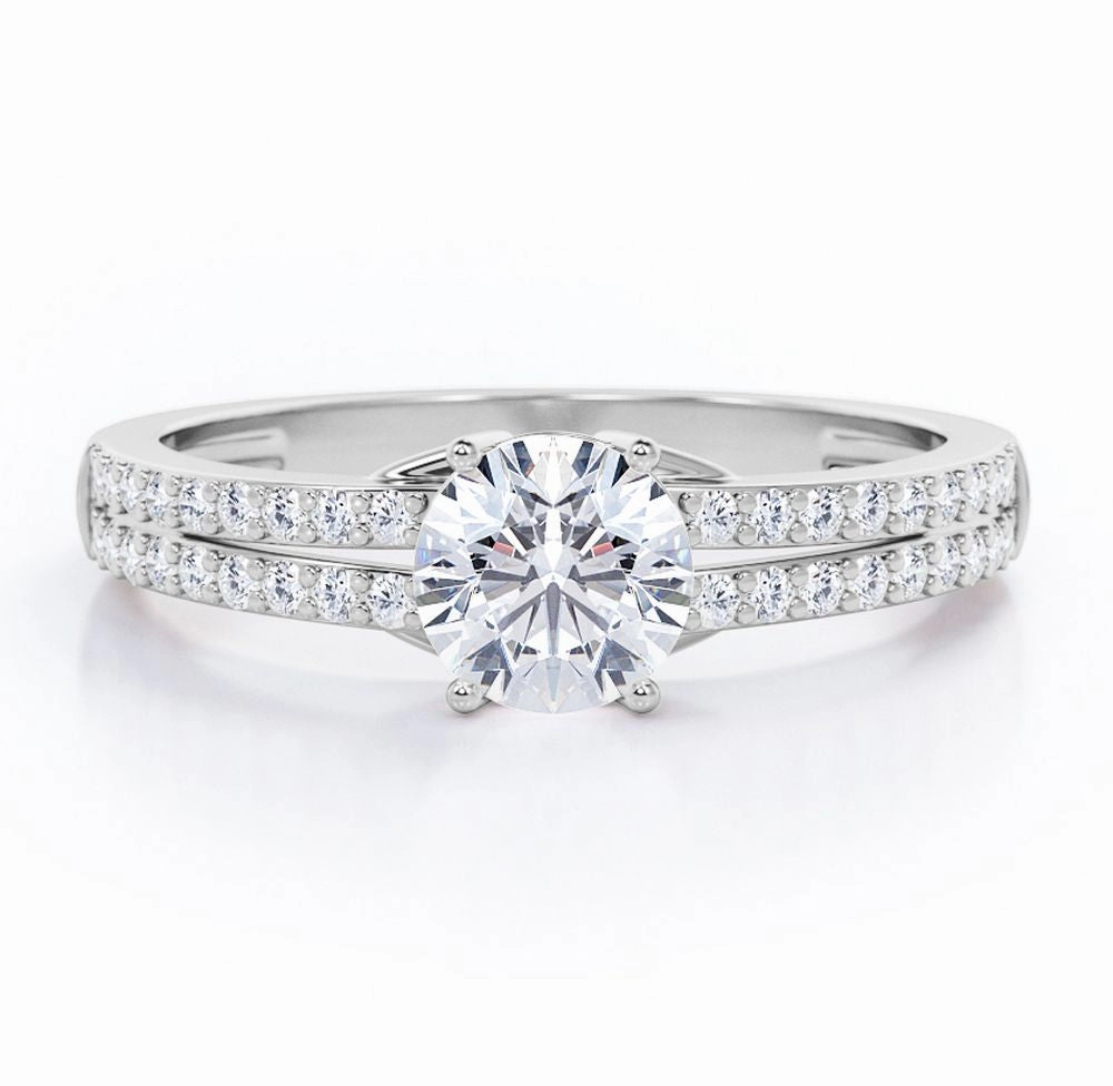 Double Split-Banded 0.50 TCW Round Shaped Diamond Scalloped Pave Engagement Ring in 10K White Gold Stylish Bauble