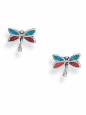 Dragonfly Stud Earrings with Turquoise Chips Sterling Silver Business Accessory Minimalist Style
