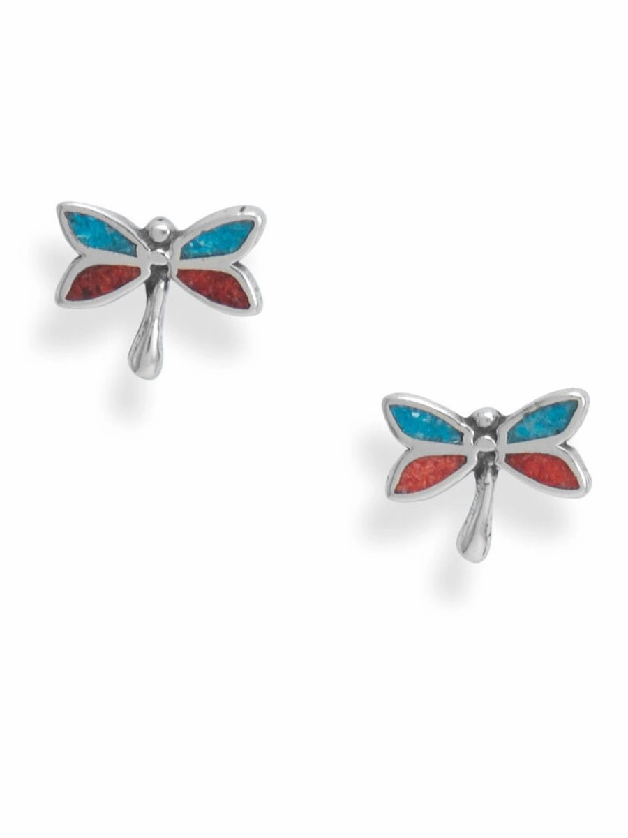 Dragonfly Stud Earrings with Turquoise Chips Sterling Silver Business Accessory Minimalist Style