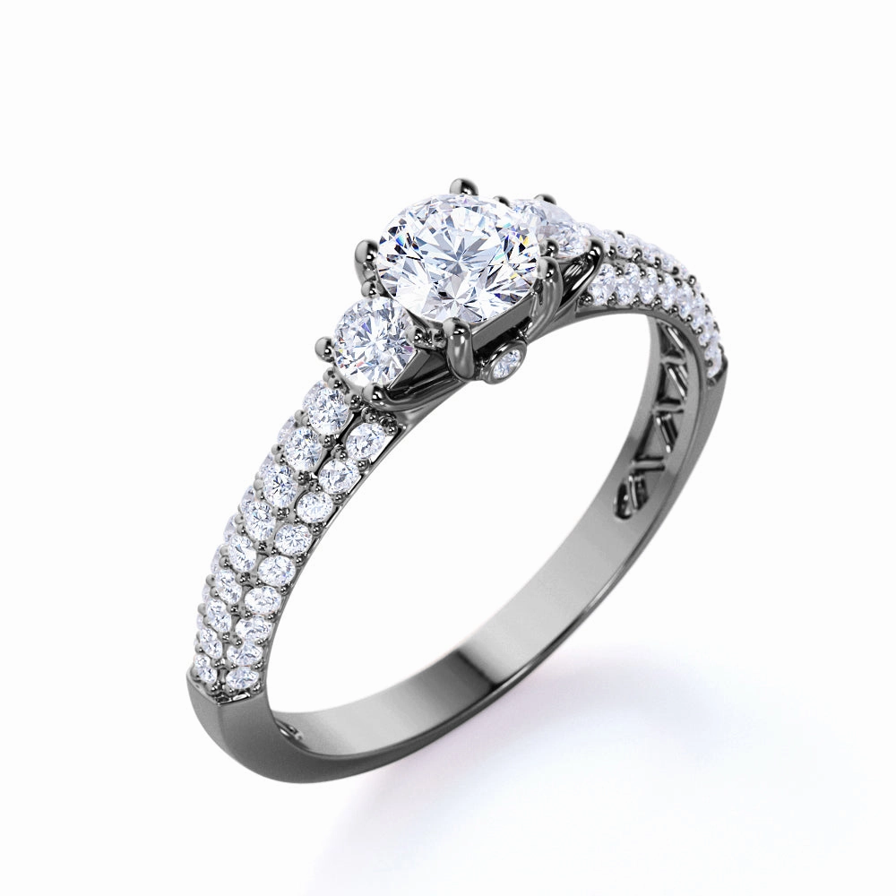 Stunning 1 Carat - Round Real 3 Stone Diamond Ring - Vintage Style - Micro Pave - Engagement Ring - 10K White Gold Delicate Jewelry