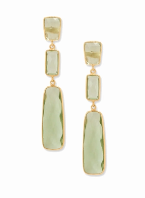 Elegant Aesthetic Green Prasiolite Three Stone Dangle Earrings Gold-plated Silver