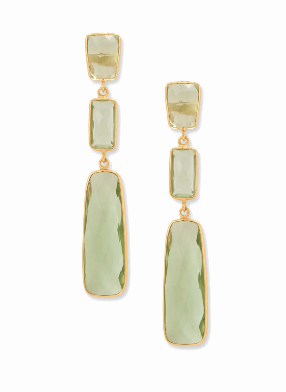 Elegant Aesthetic Green Prasiolite Three Stone Dangle Earrings Gold-plated Silver