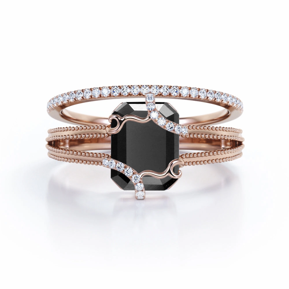 1.75 ct Emerald Lab Black Diamond V Shank Bridal Set Fine Product