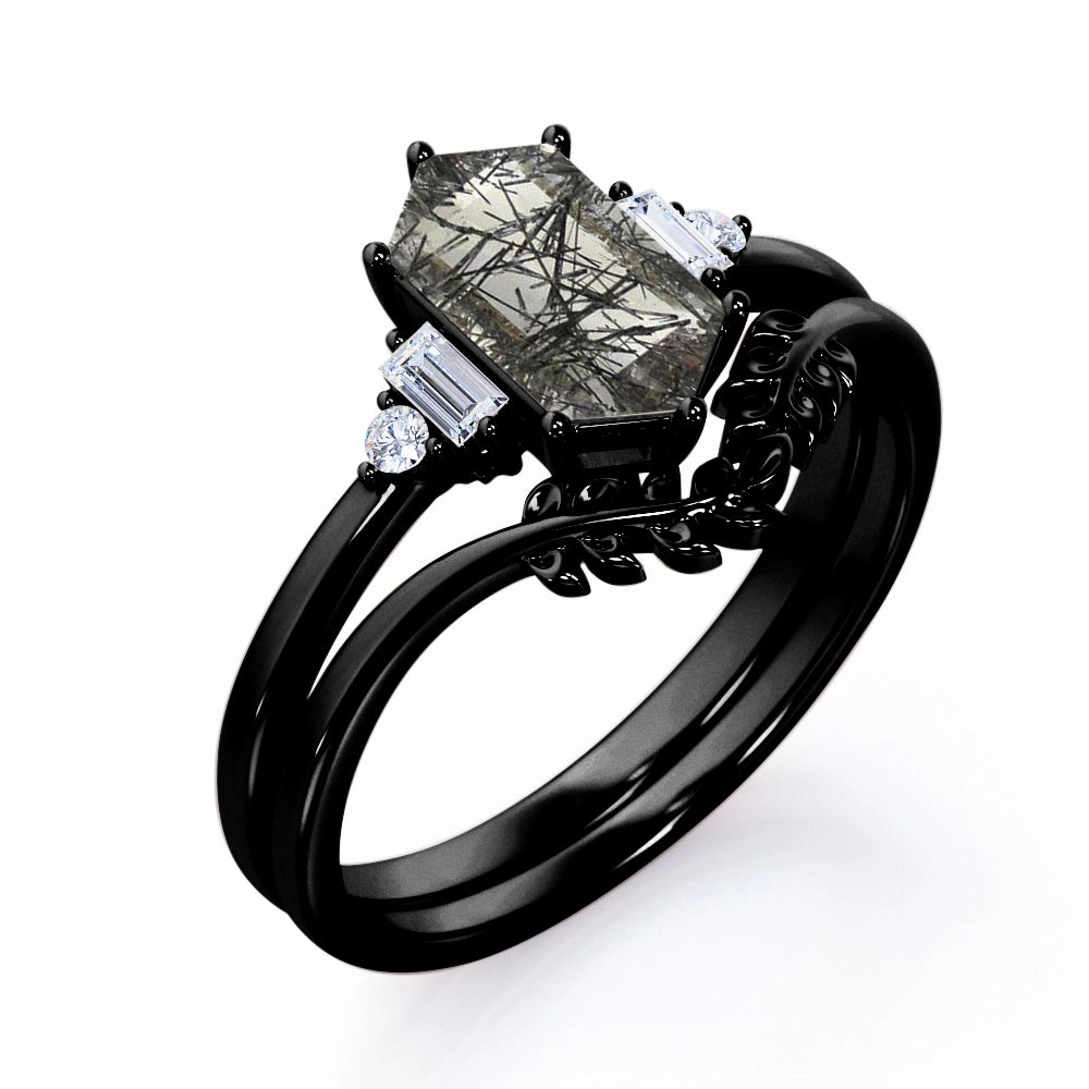 Lightweight Touch Floral 1.15 ct Hexagon Black Rutilated Quartz Five Stone Bridal Set