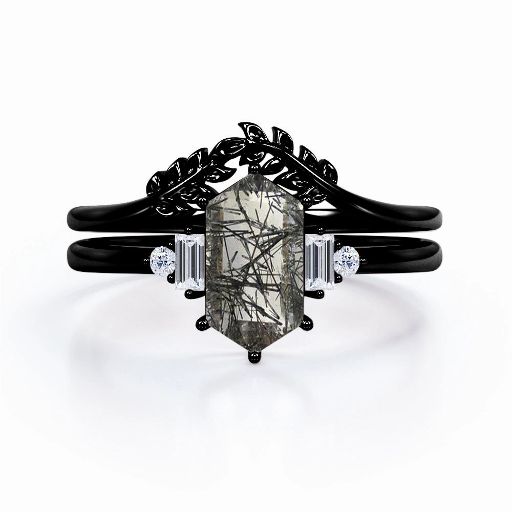 Floral 1.15 ct Hexagon Black Rutilated Quartz Five Stone Bridal Set Date night